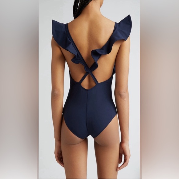 Ulla Johnson Evelina Ruffle Plunge One-Piece Swimsuit, Navy, Size Large, $380 - Picture 6 of 16